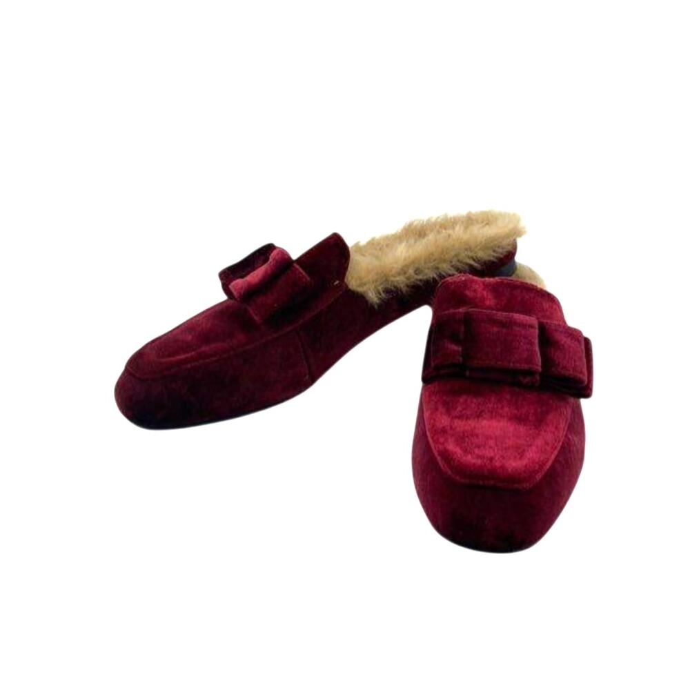 Catherine Malandrino Velvet Faux Fur Bow Mules Wine Sz 9